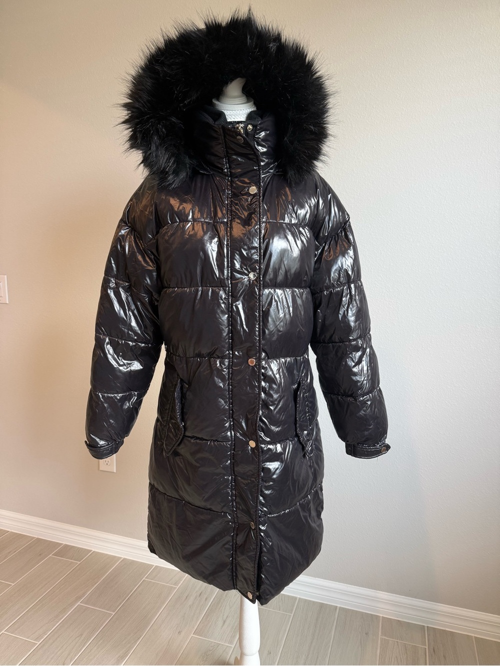 MICHAEL Michael Kors Black Faux Fur Hooded Long Puffer Coat Size S